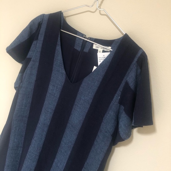 Navy Denim Blue Striped Ruffle Linen Shift Dress - Picture 4 of 8